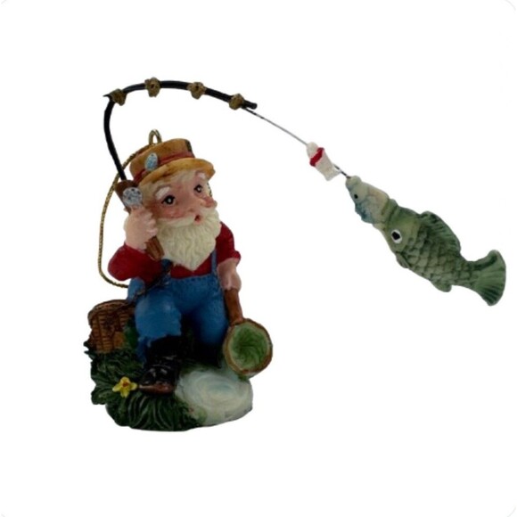 Fisherman Santa Ornament Christmas Fishing Pole & Fish Cute Holiday Decor - Picture 1 of 9